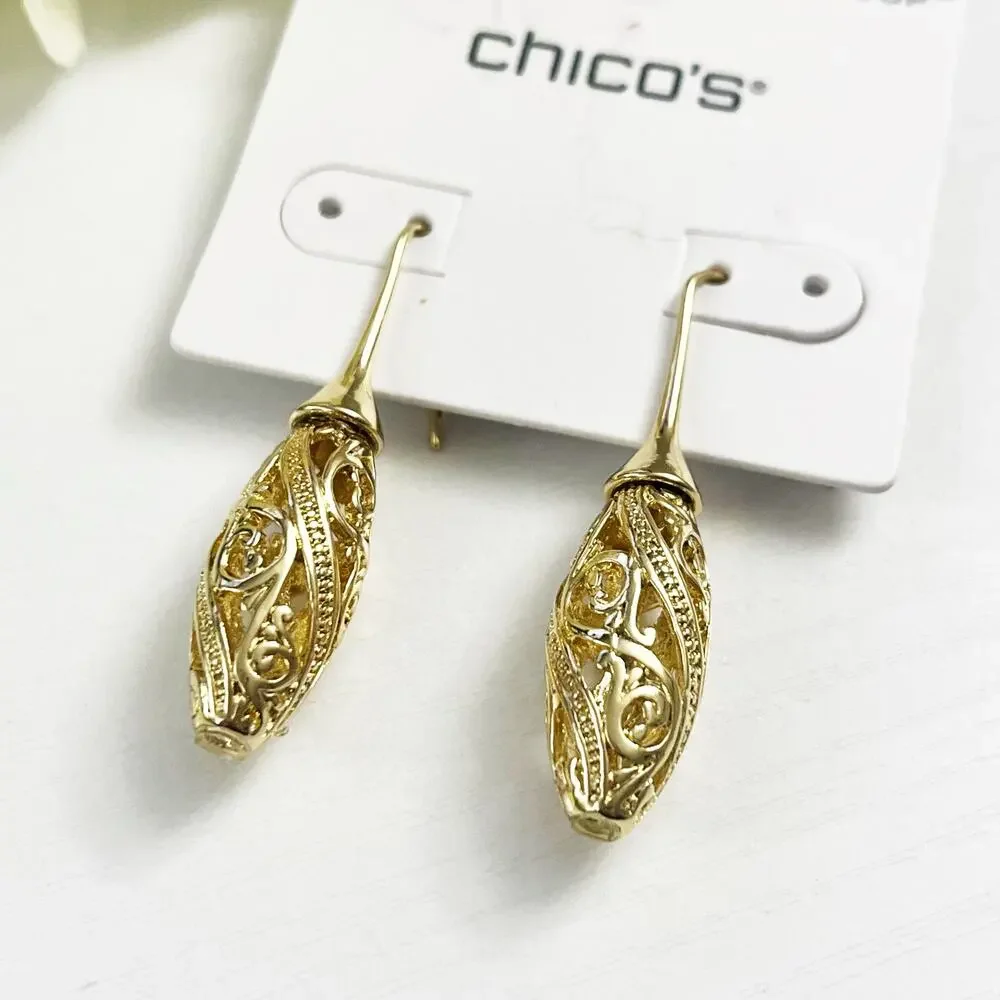 NEW Chico's Gold Tone Open Work Drop Earrings